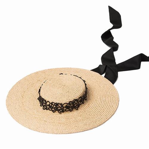 【米蘭精品】草帽遮陽帽-平頂蕾絲大簷綁帶女帽子2色73zr91