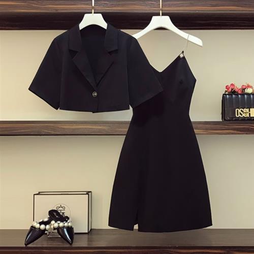 KVOLL-黑色西裝短外套+細肩帶連身裙二件組L-4XL