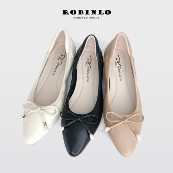 Robinlo全真皮法式輕甜美蝴蝶結尖頭平底娃娃鞋SAEDA-杏色/黑色/米白色