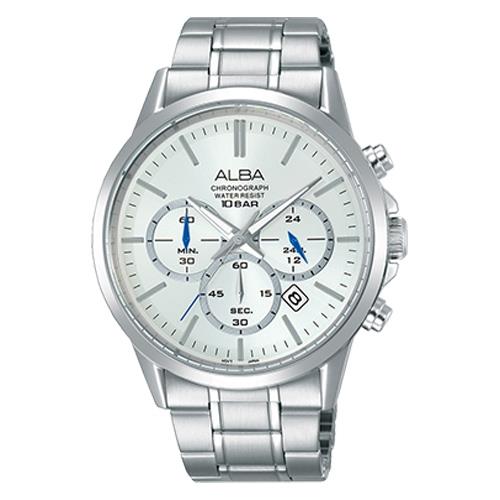 【ALBA】送禮首選 三眼計時男錶 不鏽鋼錶帶 銀白 防水100米 日期顯示 分段時間(AT3B89X1)
