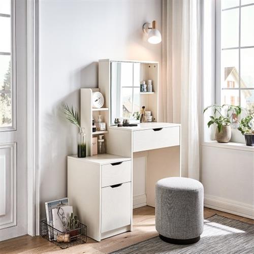 【hoi! 好好生活】林氏木業北歐簡約多功能收納化妝桌椅組 JF4C-A 白色(含JF1H-A妝凳)