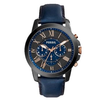【FOSSIL】三眼石英男錶 皮革錶帶 黑剛X深藍 防水 羅馬數字(FS5061)