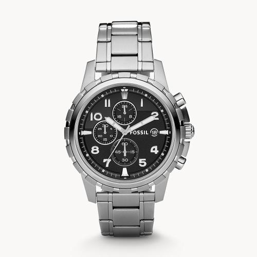 FOSSIL 帥氣銀不鏽鋼錶帶黑錶盤腕錶 FS4542