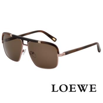 【LOEWE 羅威】西班牙皇室品牌皮革細節方框太陽眼鏡(琥珀/金 SLW404V-08NS)