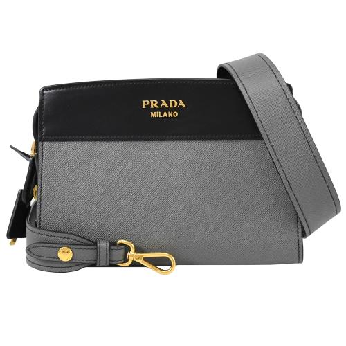 PRADA 1BH043 經典浮雕LOGO防刮拼皮斜背包.黑/灰|手提/肩背包/後背包|ETMall東森購物網