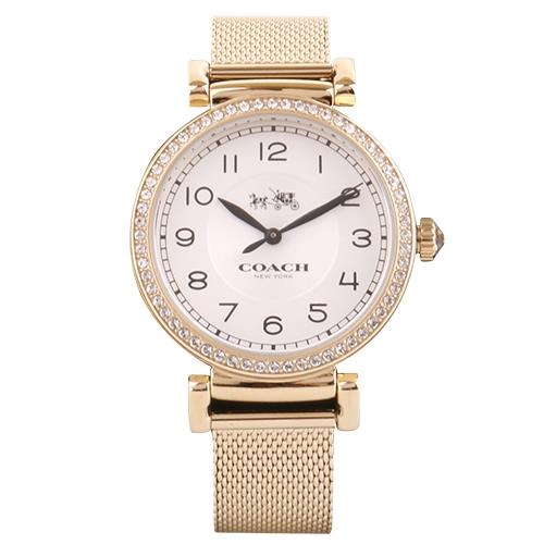 COACH- 32mm 時尚晶鑽錶面網織鋼帶氣質女腕錶(金)