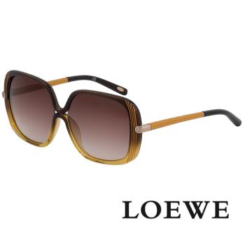 【LOEWE 羅威】新款 經典皮革大矩方框太陽眼鏡(透明咖啡/黃 SLW802-0W41)