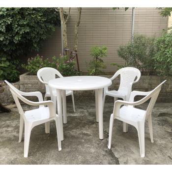 BROTHER兄弟牌塑膠格網中背椅+90cm塑膠圓桌一桌四椅組