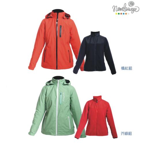 日本namelessage無名世代女款兩件式防水外套(POLARTEC刷毛內套)(橘紅/芥綠)_52W102