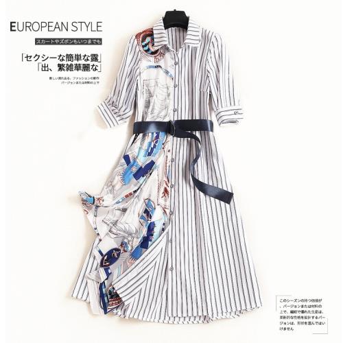 GIFT-歐日風拼接緞面條紋單排扣襯衫長洋裝