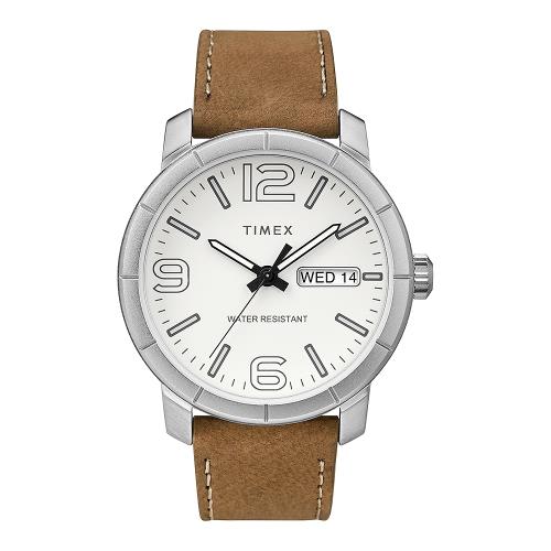 TIMEX天美時 風格系列 經典潮流大數字皮帶手錶-白/棕色44mm(TXTW2R64100)