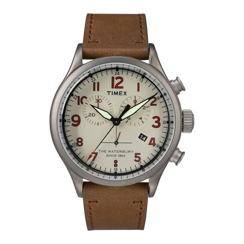 TIMEX天美時 雙眼計時皮帶手錶-米白/咖啡色42mm(TXTW2R38300)