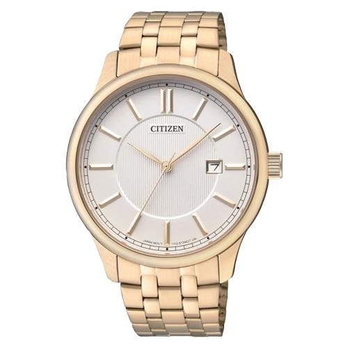 【CITIZEN 星辰】石英指針男錶 不銹鋼鍍金錶帶 白色錶面 防水50米 日期顯示(BI1052-51A)