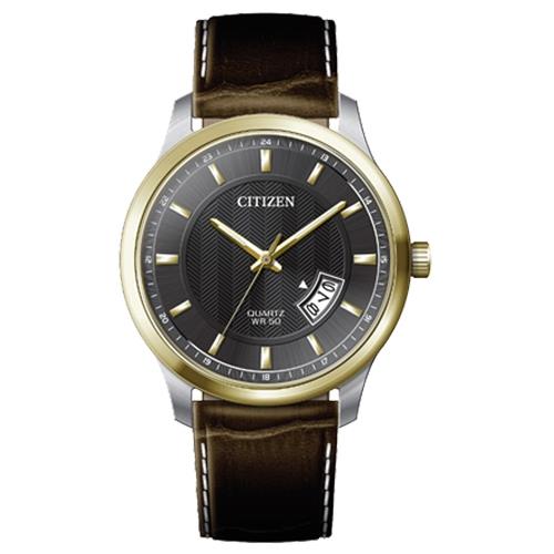 【CITIZEN 星辰】石英指針男錶 皮革錶帶 黑色錶面 防水50米 礦物玻璃(BI1054-12E)