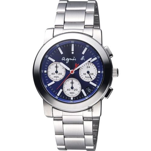 agnesb.自由國度三眼計時腕錶-藍x銀/38mmV654-KP30B(BT3029X1)