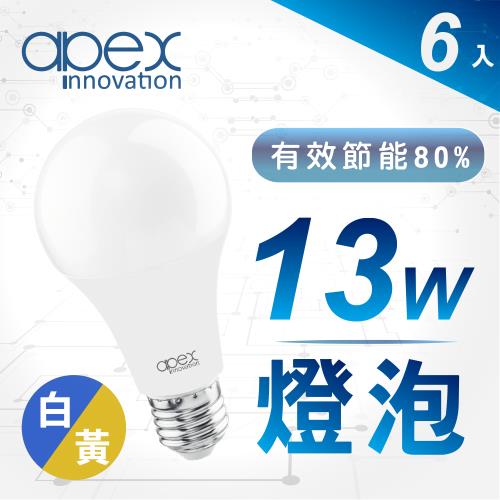 【APEX】13W高效能廣角LED燈泡 全電壓 E27-6入