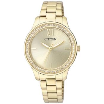 【CITIZEN 日系星辰】石英指針女錶 金色不鏽鋼錶帶 金色錶面 防水30米(EL3082-55P)