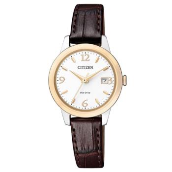 【CITIZEN 星辰】光動能指針女錶 皮革錶帶 白色錶面 防水50米(EW2234-12A)