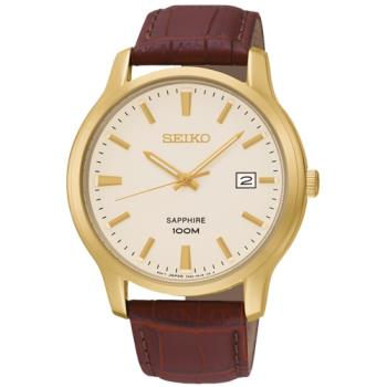 【SEIKO 精工】石英男錶 皮革錶帶 金色錶盤 藍寶石水晶鏡面(SGEH44P1)