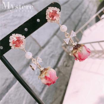 【my stere 我的時尚秘境】925銀針~韓版時尚粉鑽玫瑰花珍珠垂墜耳環