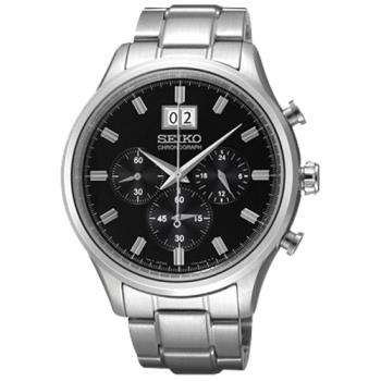 【SEIKO 精工】三眼計時石英男錶 不鏽鋼錶帶 日期顯示 防水100米 黑面(SPC083P1)