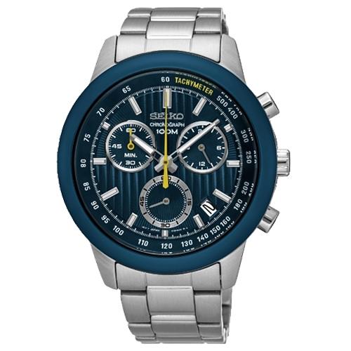 【SEIKO 精工】紳士三眼石英男錶 不鏽鋼錶帶 日期顯示 防水100米 藍色錶面(SSB207P1)