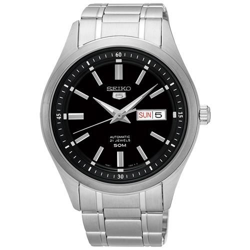 【SEIKO 精工】日製時尚男錶機械錶 不鏽鋼錶帶 日期/星期顯示 防水50米 黑面(SNKN89J1)