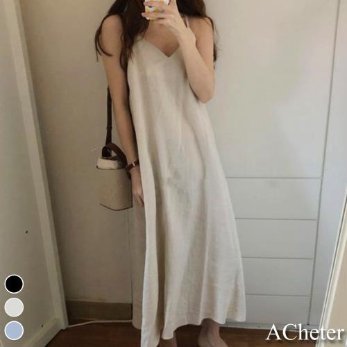 【ACheter】韓國藝珍時尚風吊帶V領棉麻寬鬆洋裝#109197現貨+預購(3色)