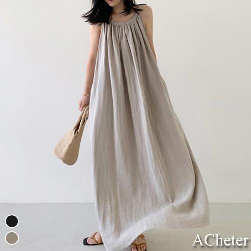 【ACheter】韓國IU時尚度假顯瘦寬鬆吊帶棉麻洋裝#109194現貨+預購(2色)