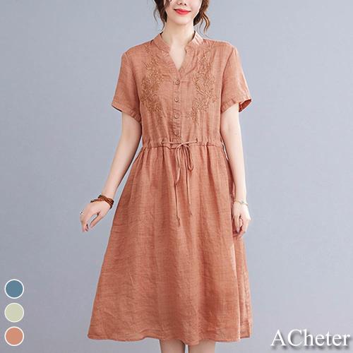 【ACheter】高端自然風亞麻氣質繡花收腰寬鬆洋裝#109264現貨+預購(3色)