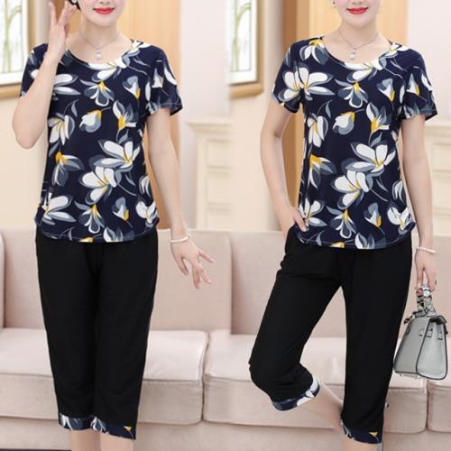 【韓國K.W.】(預購)輕美學花影印花套裝褲