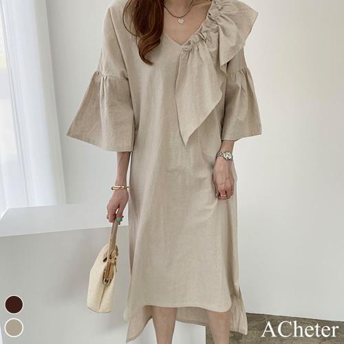 【ACheter】韓國女星泰熙時尚大荷葉設計棉麻寬鬆洋裝#109189現貨+預購(2色)