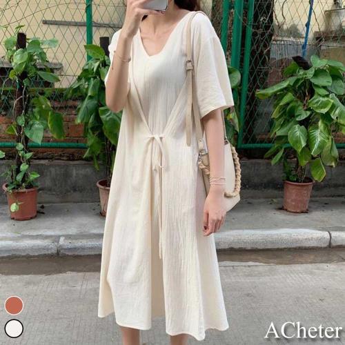 【ACheter】韓國chic風慵懶時尚側系帶棉麻洋裝#109180現貨+預購(2色)