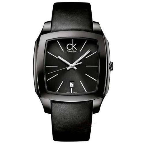 【瑞士 CK手錶 Calvin Klein】IP鍍黑方形放射狀面盤男錶 中性錶 皮革錶帶 礦物抗磨玻璃 日常生活防水(K2K21402)