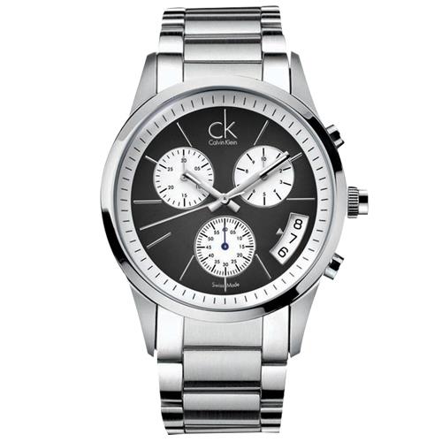 【瑞士 CK手錶 Calvin Klein】黑爵彎月三眼計時男錶 不銹鋼錶帶 礦物抗磨玻璃 防水100米(K2247107)