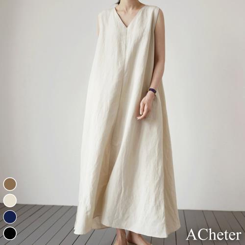 【ACheter】韓國素面亞麻風無袖背心棉麻洋裝#109191現貨+預購(4色)