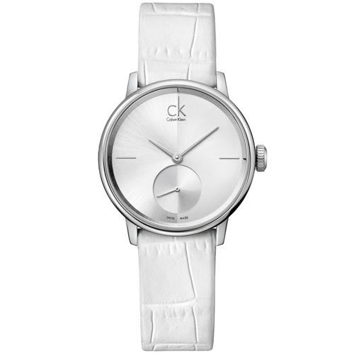 【瑞士 CK手錶 Calvin Klein】獨立秒針白面紋路皮革女錶 礦物抗磨玻璃 日常生活防水(K2Y231K6)