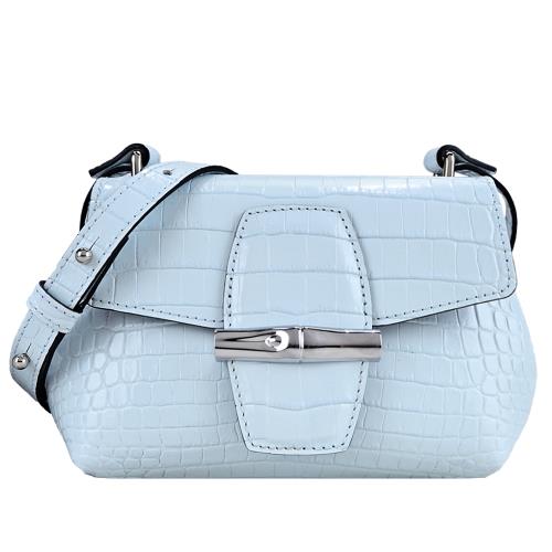 LONGCHAMP ROSEAU系列竹節鱷魚紋小牛皮斜背包(迷你/天澄)