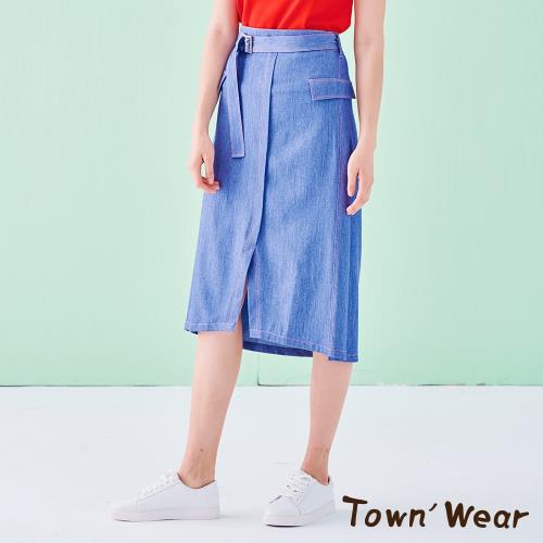 【TOWN’WEAR 棠葳】牛仔丹寧開衩A字長裙-附腰帶