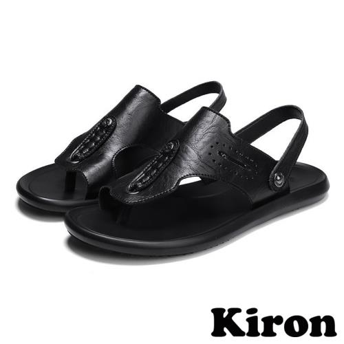 【Kiron】兩穿涼鞋平底涼鞋/兩穿法時尚手縫造型復古皮革拼接平底涼拖鞋-男鞋 黑