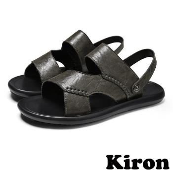 【Kiron】兩穿涼鞋平底涼鞋/兩穿法個性抓紋皮革復古平底涼拖鞋-男鞋 灰