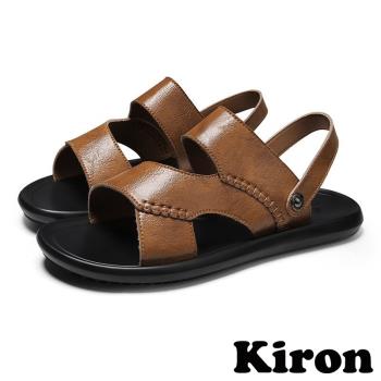 【Kiron】兩穿涼鞋平底涼鞋/兩穿法個性抓紋皮革復古平底涼拖鞋-男鞋 棕