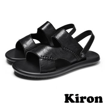 【Kiron】兩穿涼鞋平底涼鞋/兩穿法個性抓紋皮革復古平底涼拖鞋-男鞋 黑