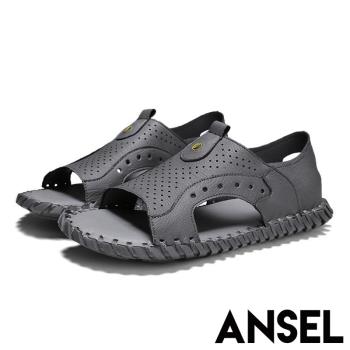 【Ansel】真皮涼鞋平底涼鞋/真皮透氣沖孔手工縫線復古造型平底涼鞋-男鞋 灰