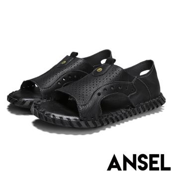 【Ansel】真皮涼鞋平底涼鞋/真皮透氣沖孔手工縫線復古造型平底涼鞋-男鞋 黑