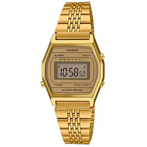 【CASIO 卡西歐】電子錶 中性電子錶 不鏽鋼錶帶 金色錶面 防水 碼錶功能(LA690WGA-9D)