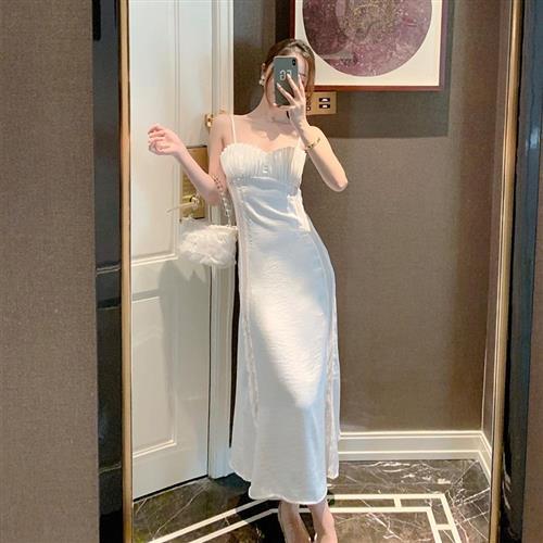 【米蘭精品】長洋裝吊帶連身裙-鏤空拼接蕾絲緞面女裙子74ag33