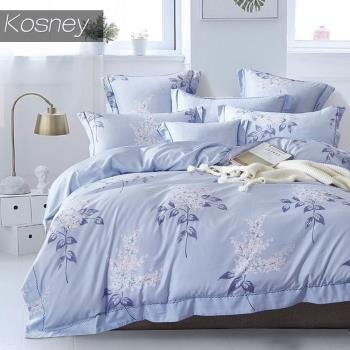 KOSNEY 夏日庭榭藍 頂級吸濕排汗萊賽爾天絲加大床包枕套組床包高度35公分