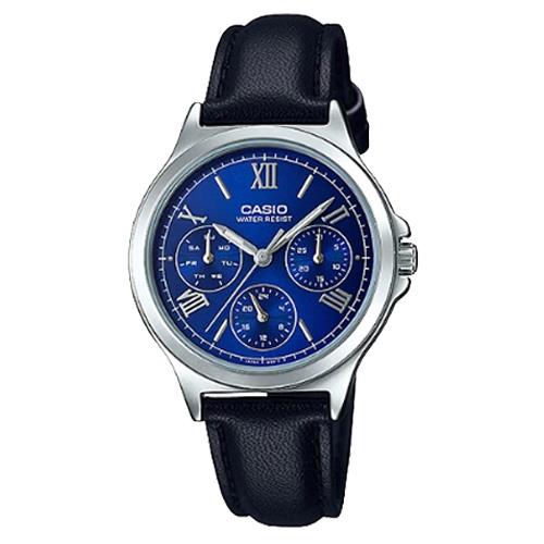 【CASIO 卡西歐】羅馬三眼指針女錶 皮革錶帶 普魯士藍 生活防水(LTP-V300L-2A2)