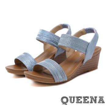 【QUEENA】一字涼鞋坡跟涼鞋/金蔥亮絲彈力一字帶造型優雅坡跟涼鞋藍